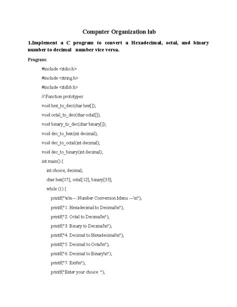BSC CO Lab Manual - C Programs for Number Conversion & Logic Operations ...