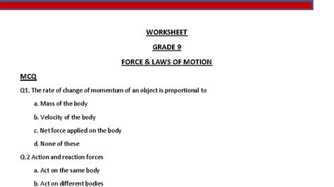 Worksheet Grade 9: Force & Laws of Motion MCQs and Short Answers - Studocu