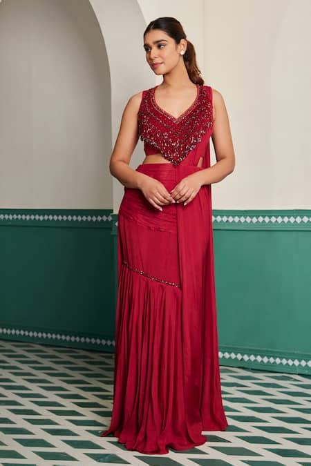Buy Red Net Crystals, Pearls V-neck Embroidered Pre-draped Saree Set ...