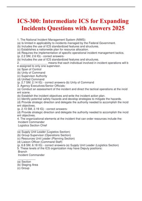 ICS-300: Intermediate ICS for Expanding Incidents Questions with Answers 2025 - ICS 300 finam ...