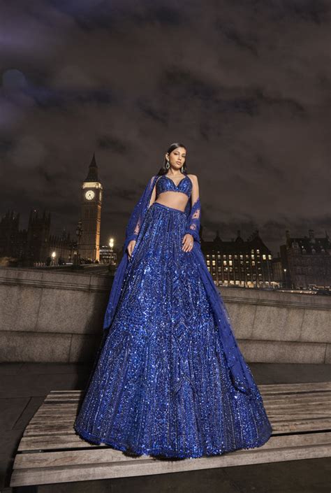 Best Navy Blue Sequin Lehenga Set by Seema Gujral in Origins Hyderabad