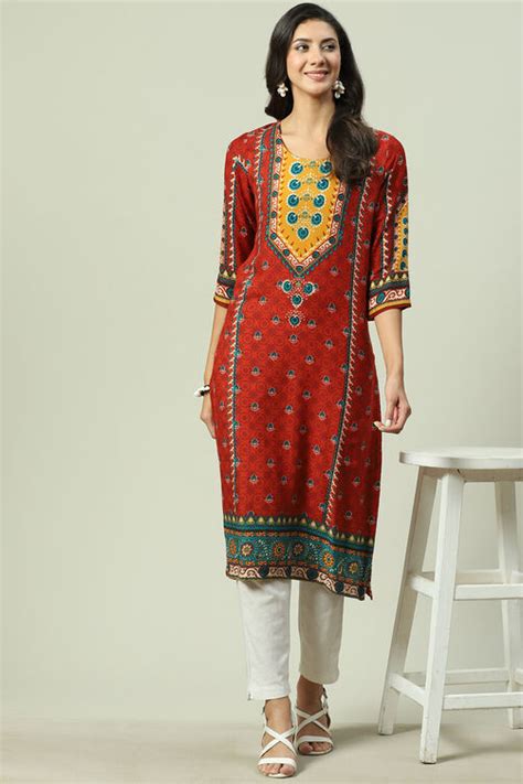 Rust LIVA Straight Printed Kurta at Biba India