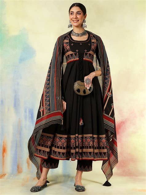 Black Pure Cotton Printed Embroidered Anarkali Kurta Suit Set ...