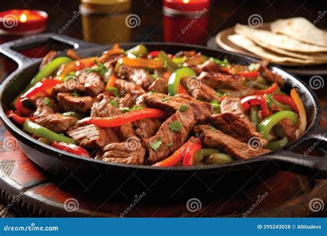 Sizzling Beef Fajitas on Cast Iron Skillet Stock Photo - Image of ...