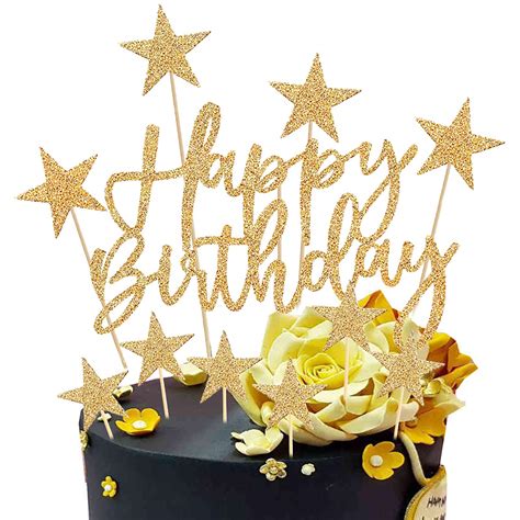 Gold Happy Birthday Cake Toppers 2 Sets Glitter Cake Topper ...