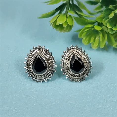 Black Onyx Teardrop 92.5 Sterling Silver Stud Earrings for Women ...