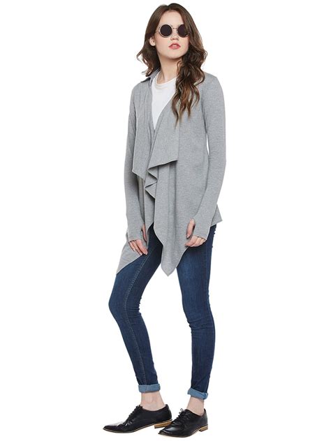 Buy HYPERNATION Grey Color Cotton Blend Waterfall Shrug For Women ...