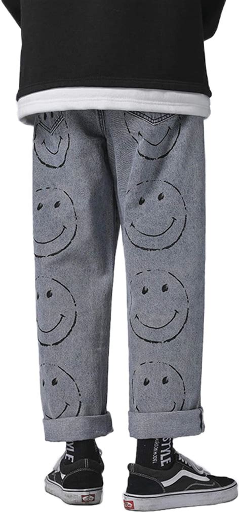 Buy DSDZ Men's Streetwear Smiley Face Printed Jeans Denim Pants Online ...