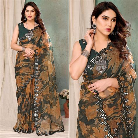 Dark Green Printed Georgette Saree With Mirror Work Border