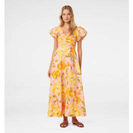 Buy Pink Wright Floral June Ruched Linen Midi Dress Online