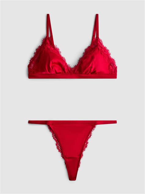 Womens Red Satin Lace Trim Triangle Bra and Thong Set | Primark