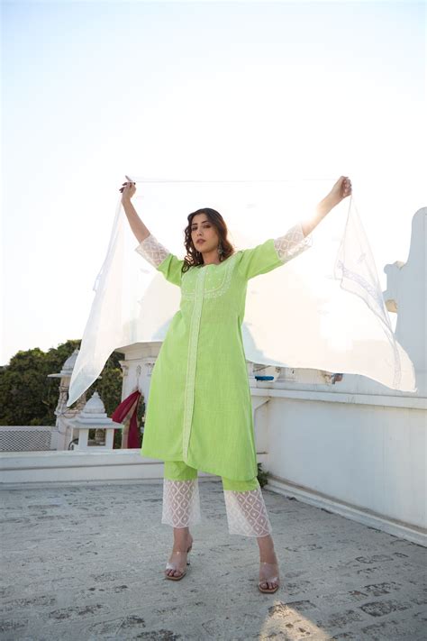 Emerald Chikankari Kurta Set - Set of 3 – Undyed