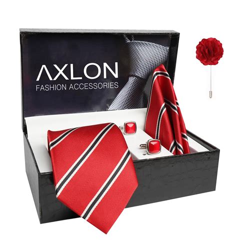 Axlon Mens Plaid Stripped Silk Necktie Gift Set With Pocket Square Cuf ...