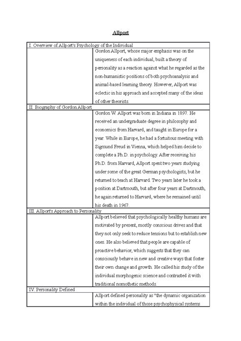 Allport's Theory of Personality - Allport I. Overview of Allport's ...