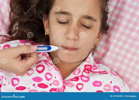 Hispanic Girl Sick with Fever Laying in Her Bed Stock Image - Image of ...