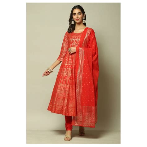 Red Cotton Anarkali Kurta Churidar Suit Set