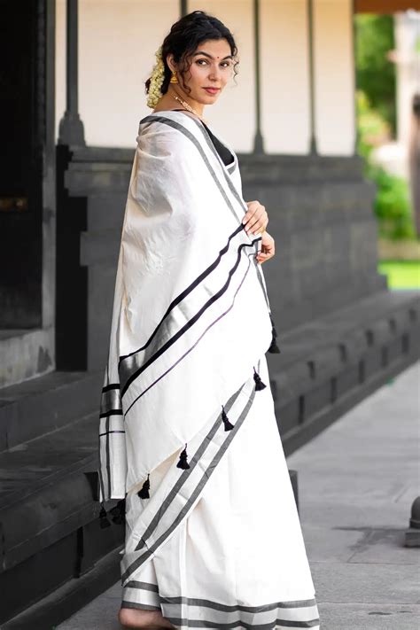 Onam Kerala Saree with Silver Zari Border | Traditional Kerala Saree ...