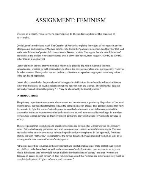 Assignment Feminism - ASSIGNMENT: FEMINISM Discuss in detail Greda ...