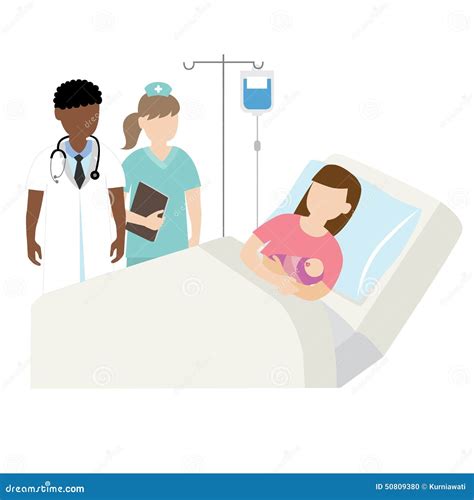 Mother and Baby in Hospital Bed with Doctor and Nurse Stock Vector ...