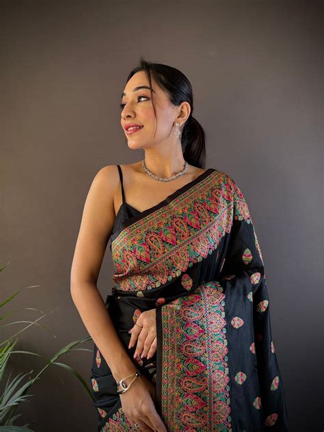 Buy Black Pashmina Silk Kashmiri Meena Woven Designer Saree With Blouse ...