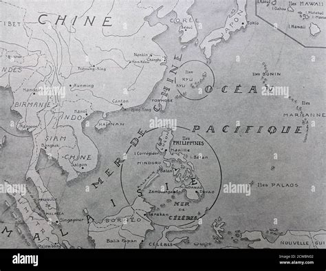 Black and white photograph of World War II (1939-1945); a map of Southeast Asia showing ...
