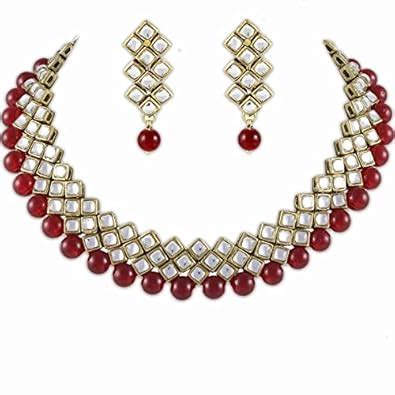 Karatcart Kundan And Red Beads Brass Choker Necklace & Earrings For ...