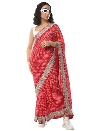 AKHILAM Women's Georgette Bandhani Zari Embroidered Saree With ...