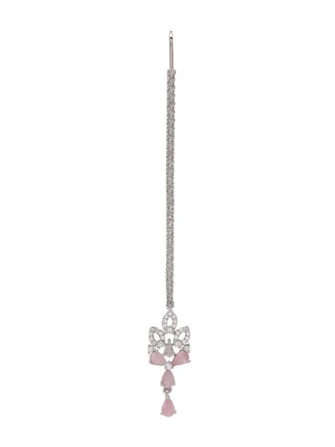 Priyaasi American Diamond Maangtika with Silver plated and Pink Stones