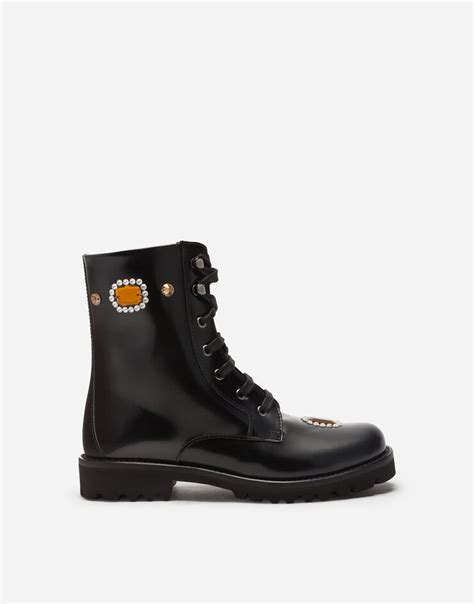Polished calfskin combat boots with bejeweled embellishment