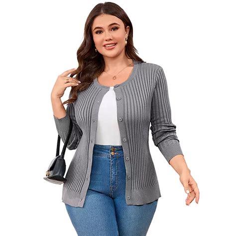 Women's Plus Size Long Sleeve Open Front Cardigan Knit Button Down ...