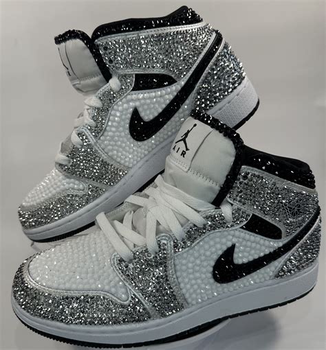 Bling Jordan 1 Mids, Custom Rhinestone Silver and Black Sneakers ...