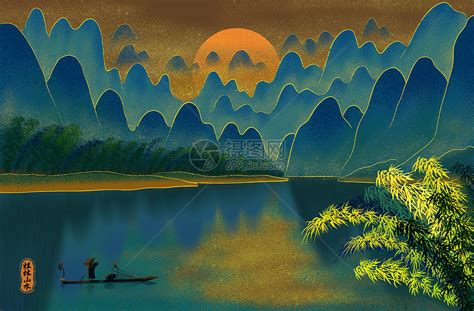 鎏金山水手绘中国风山水插画背景图片素材免费下载_熊猫办公