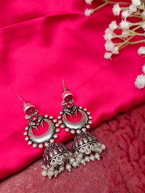 Oxidized Silver Plated Jhumka Earrings with Tribal Design – Stree Gehna