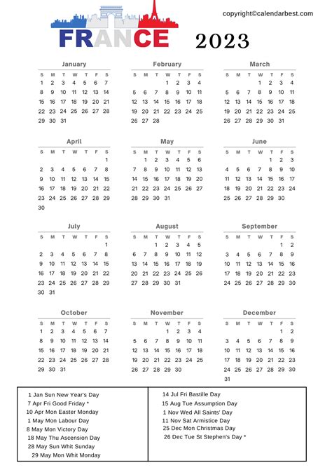 France Calendar 2023 with Holidays | Free Printable Calendar 2025