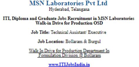 MSN Laboratories Recruitment:ITI, Diploma and Graduate Jobs Recruitment ...