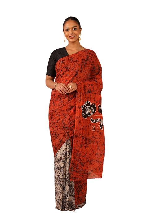 Buy Taneira Women Orange Ujjain Pure Cotton Printed Saree with ...