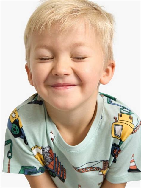 Lindex Kids' Construction Working Vehicles Print T-Shirt, Blue/Multi