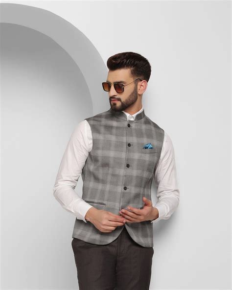 Buy Grey Check Formal Bandhgala Waistcoat from Blackberrys