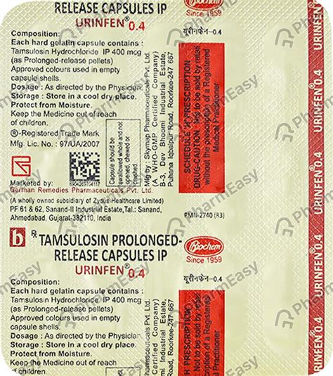 Urinfen 0.4 MG Capsule (15): Uses, Side Effects, Price & Dosage | PharmEasy