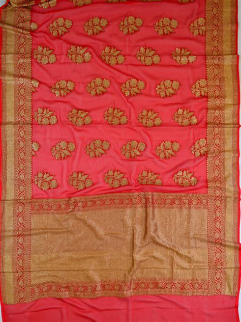 Banarasee Khaddi Chiffon Silk Sari With Antique Zari Design-Crimson Re