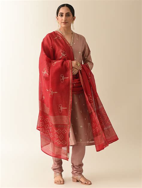 Shop Jaypore Women Red Cotton Silk Block Print Dupatta for Women Online ...