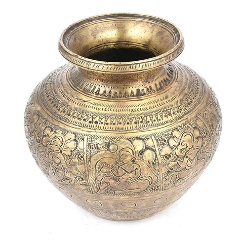 Old Figural Hand Engraved Brass Pooja Holy Water Pot