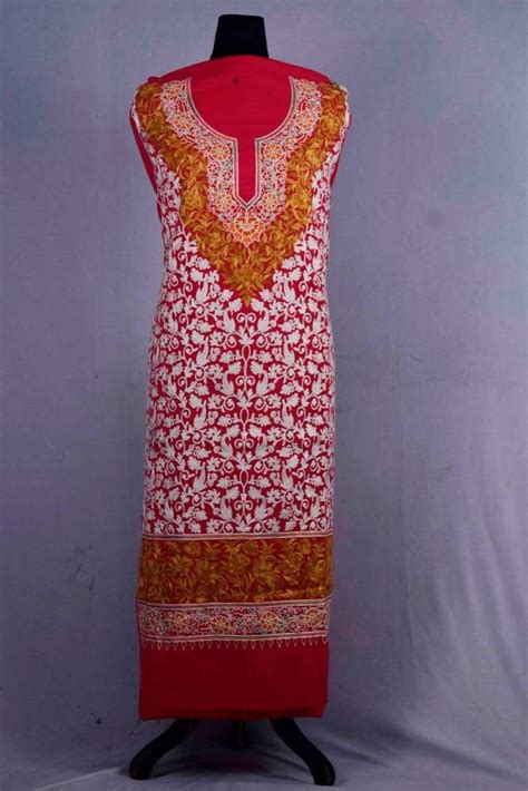 Red color kashmiri aari work embroidered suits enriched with jaal