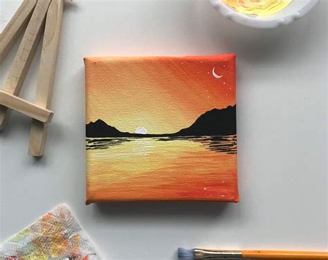 4x4 Mini Canvas Acrylic Painting Orange Fall Sunset // Room Decor ...