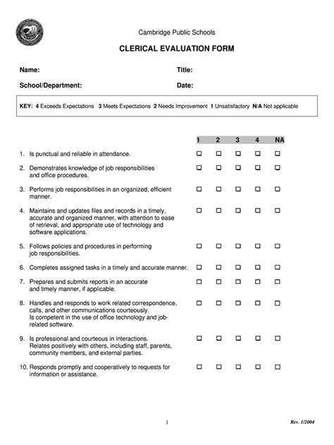 2004-2026 MA Cambridge Public Schools Clerical Evaluation Form - Blank ...