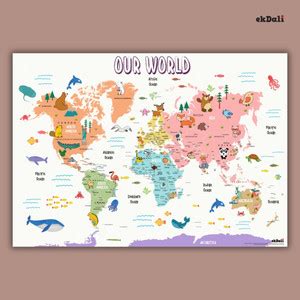 Educational World Map Poster with Country Names, Capitals & Animal ...