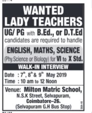 Lady Teachers Wanted in Milton Matriculation School Coimbatore | Asan ...