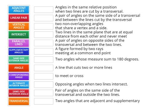 PARALLEL LINES, TRANSVERSALS, and ANGLES - Match up