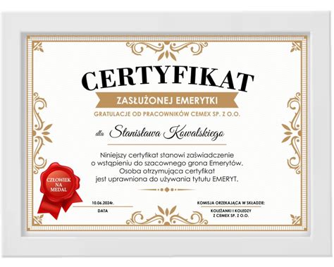 CERTYFIKAT DYPLOM PREZENT DLA EMERYTKI EMERYTA