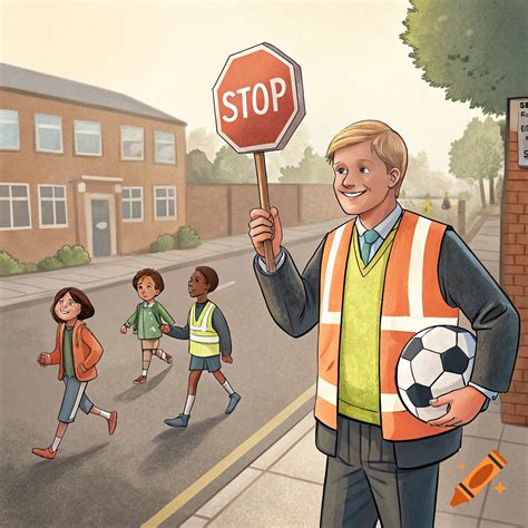 Illustration of a school crossing guard with a stop sign and football guiding children across a ...